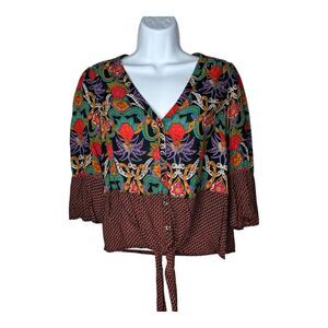 Maeve Anthropologie Top Womens 6 Button Tie Front Floral Paisley Boho Festival